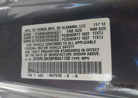 2015 Honda Odyssey Lx from USA, damaged, VIN 5FNRL5H28FB041150